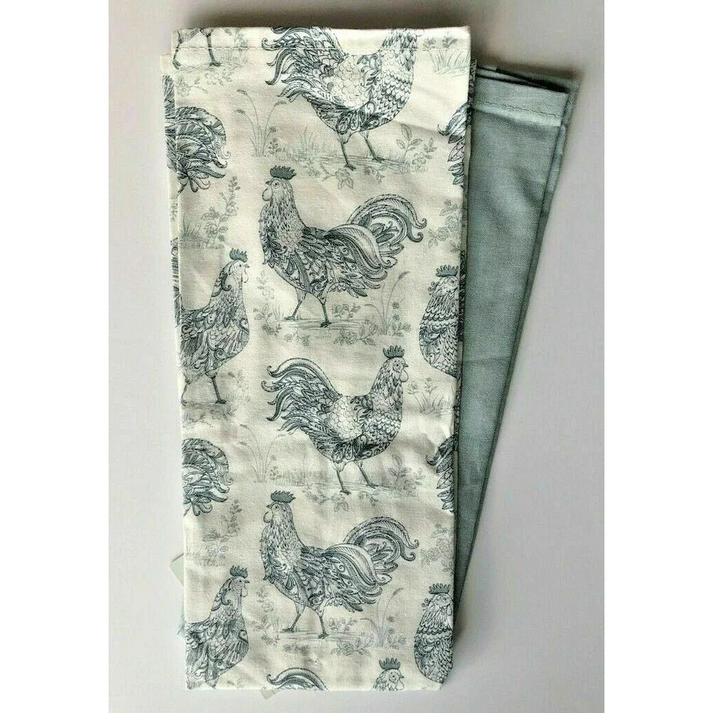Farm Family Kitchen Dish Towels Set of 2 Sack Cloth Barn Windmill Chickens Blue